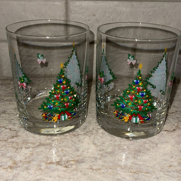 2 Vintage Christmas Tree Glass Low Ball Eggnog Drinking Glasses Textured Xmas - Picture 1 of 8
